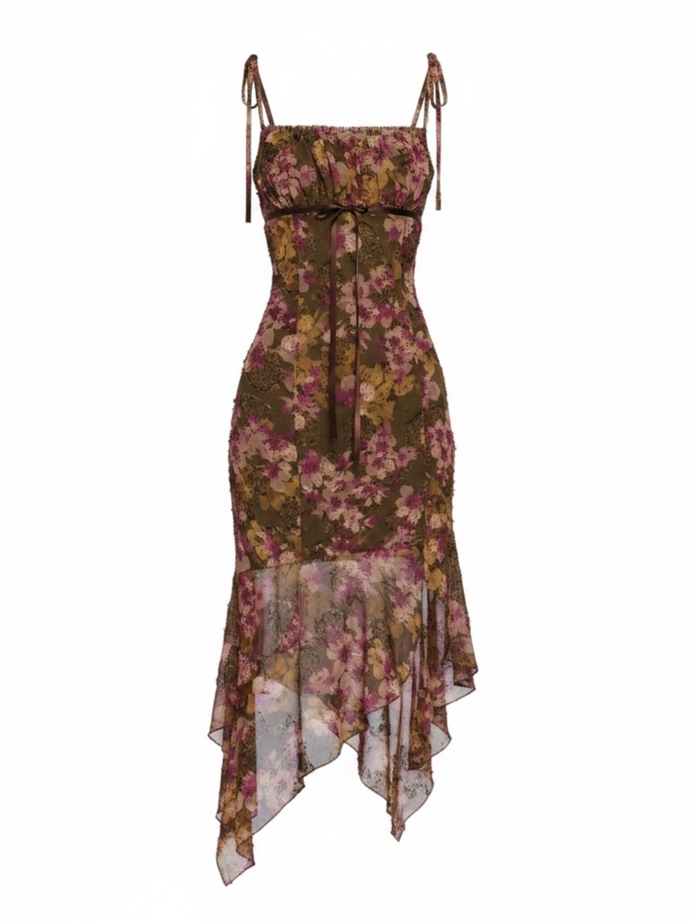 Delia’s Floral Tie-Shoulder Asymmetric Midi Dress - Olive & Pink - Picture 1 of 5